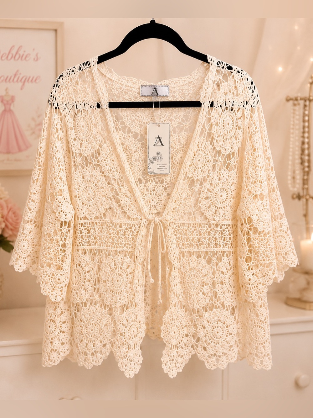 NEW Ivory Crochet Lace Boho Tunic Cardigan Tie Front Beach Cover Up Medium